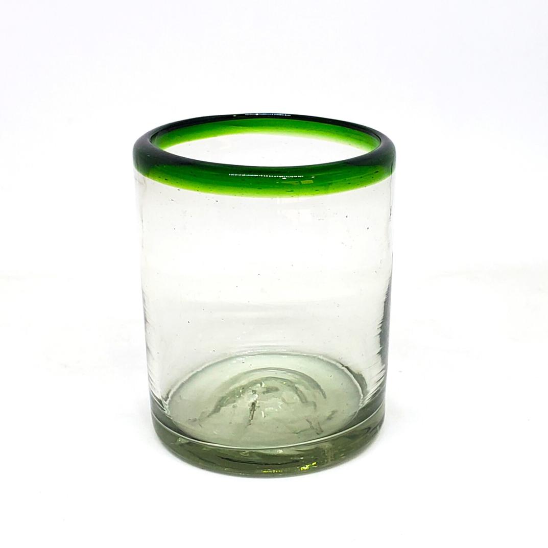 Vasos de Vidrio Soplado al Mayoreo / vasos chicos con borde verde esmeralda / ste festivo juego de vasos es ideal para tomar leche con galletas o beber limonada en un da caluroso.